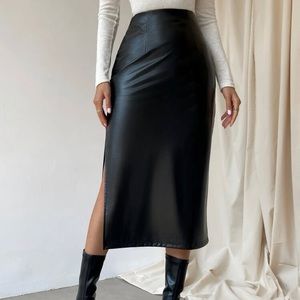 Split thigh faux leather black skirt
